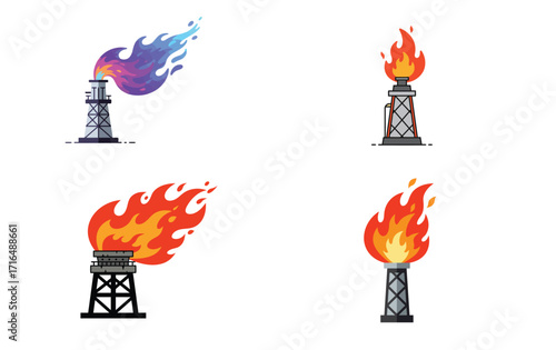 Stylized flat vector illustration of gas flare towers with vibrant flames