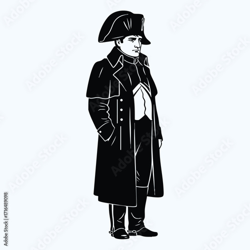 Black and white illustration of a historical figure wearing a traditional military uniform and bicorne hat standing upright