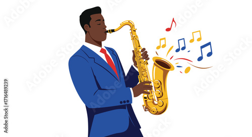 Stylish flat vector of a jazz saxophonist making music against white