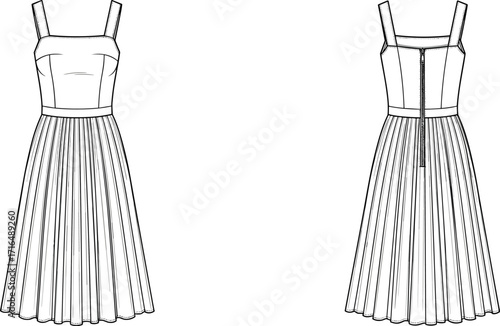 Elegant women’s sleeveless midi dress fashion flat sketch with square neckline, pleated skirt, wide straps, front and back technical vector illustration