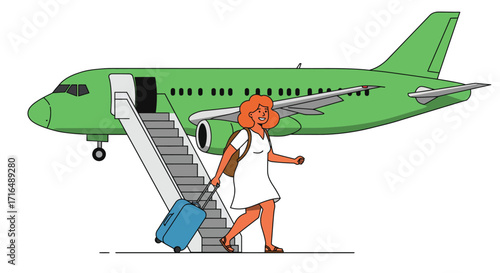 Cartoon illustration of a traveler exiting a vibrant green airplane on stairs