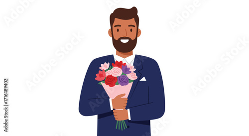Charming man in a suit holds a beautiful flower bouquet on white backdrop