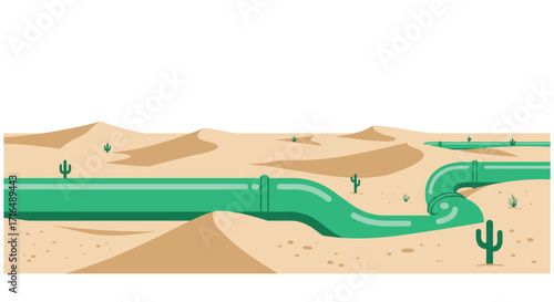 Stylized green pipeline traversing desert dunes in a flat vector art style
