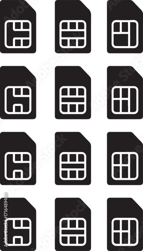 Twelve sim card icons arranged in a grid on a black background Keywords: sim card, mobile, technology