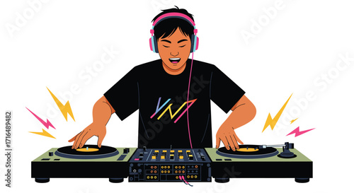 Energetic DJ Performing Live Music Set on Turntables in Flat Vector Style