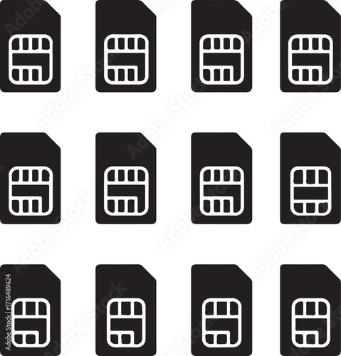 Twelve sim card icons arranged in a grid on a white background Keywords: sim card, mobile, technology