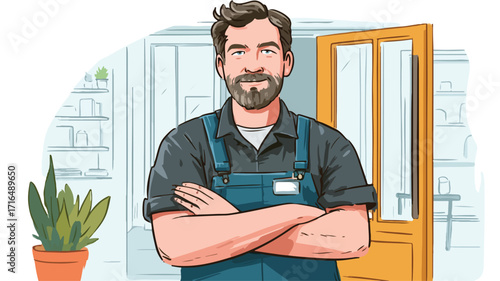 Confident Male Shop Owner Standing at Entrance - Professional Business Image