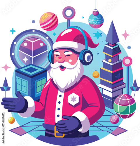 Santa wearing a VR headset, exploring a virtual Christmas world