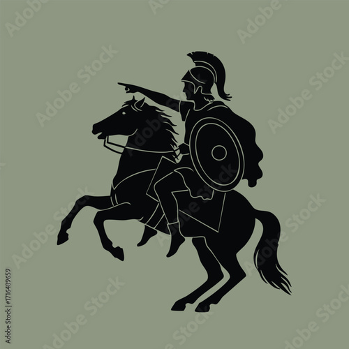 Silhouette of a warrior in ancient armor riding a rearing horse and pointing forward with shield and helmet