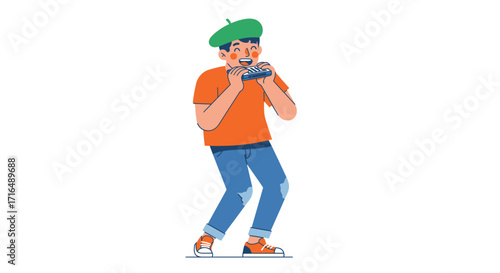 Cartoon illustration of a joyful harmonica street musician performer