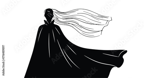 Mysterious figure shrouded in a flowing cape, with long hair blowing in the wind.