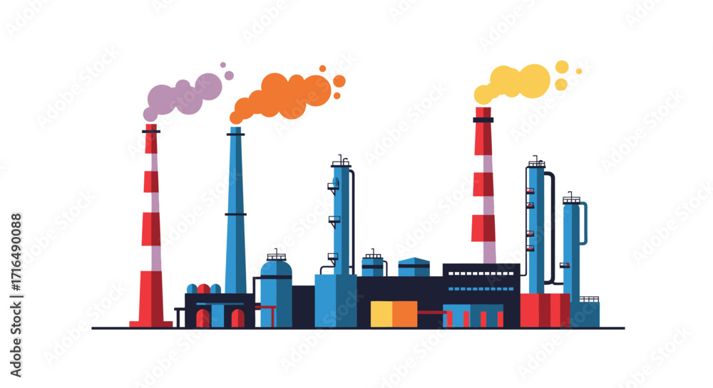Obraz premium Stylized vector illustration of a vibrant refinery emitting colorful smoke