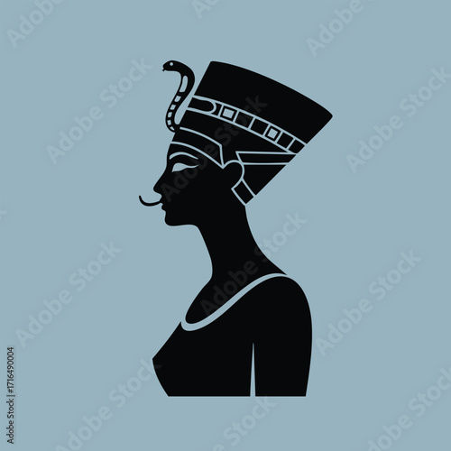 Silhouette of an ancient Egyptian wearing a tall headdress with a cobra symbol on a muted blue background