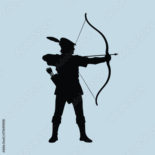 Silhouette of an archer aiming a bow and arrow with quiver on back against a plain background