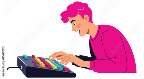 Person typing on a vibrant mechanical keyboard, creative colorful design