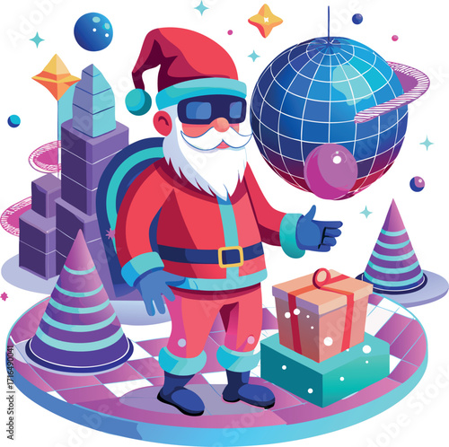Santa wearing a VR headset, exploring a virtual Christmas world