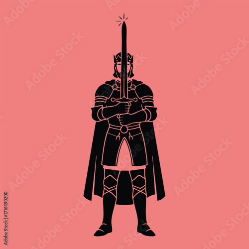 Silhouette of a medieval knight wearing armor and a crown holding a glowing sword upright on a pink background
