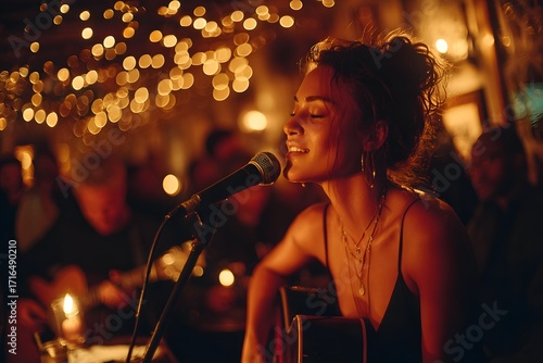 Acoustic jazz performance with glowing background lights high resolution picture