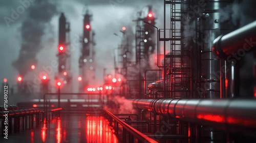 Industrial storm brewing, refinery emergency sirens flashing in rhythmic pulses, thick steam reflecting red lights, pipes stretching into a blurred background, cinematic ultra-realism.
