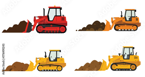 Colorful bulldozer vector illustrations performing earthmoving operations