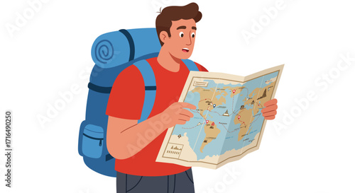 Confused traveler with backpack looking at a world map for direction