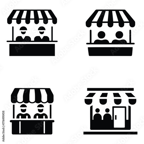 black silhouette icons of market stalls with people. set of vector icons