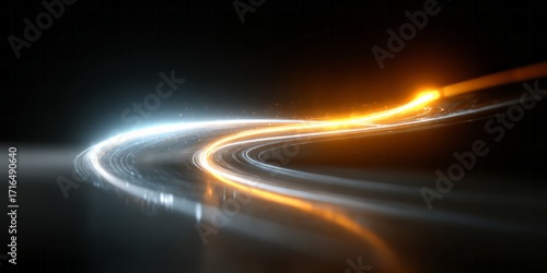 Dynamic light trails curve across a dark background, showcasing vibrant orange and cool blue hues.