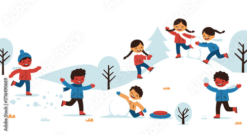 Joyful winter scene of diverse children playing in a snowy wonderland