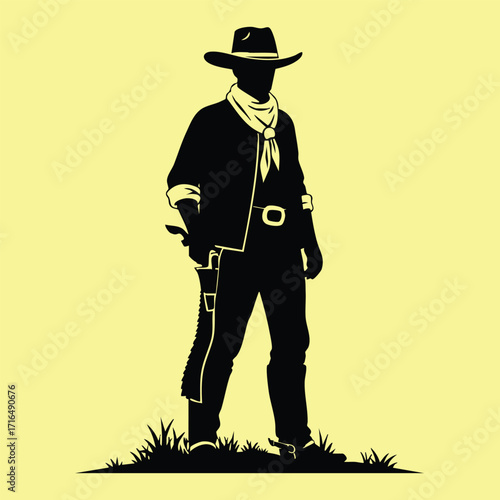 Silhouette of a cowboy standing confidently with a hat, scarf, and holstered gun against a plain background