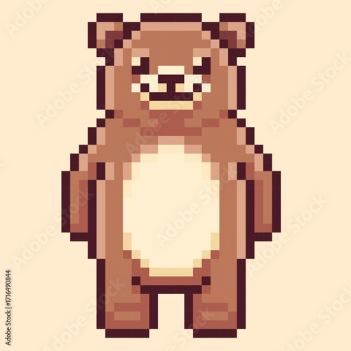 Charming teddy bear character designed in a classic retro pixel art style. This cute 8-bit illustration of a brown bear is a perfect symbol for childhood, toys, and comfort