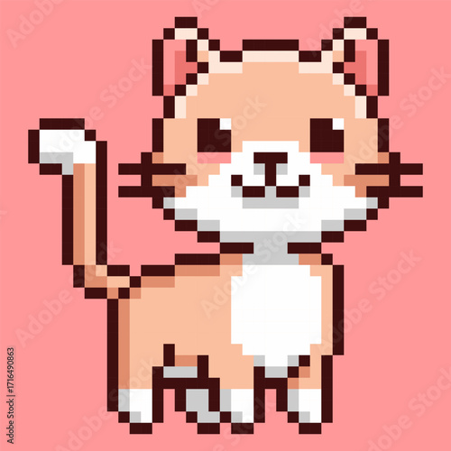 Adorable kawaii cat character designed in a charming retro pixel art style. Featuring big eyes, a friendly smile and a ginger-and-white coat, making it a perfect mascot or character sprite