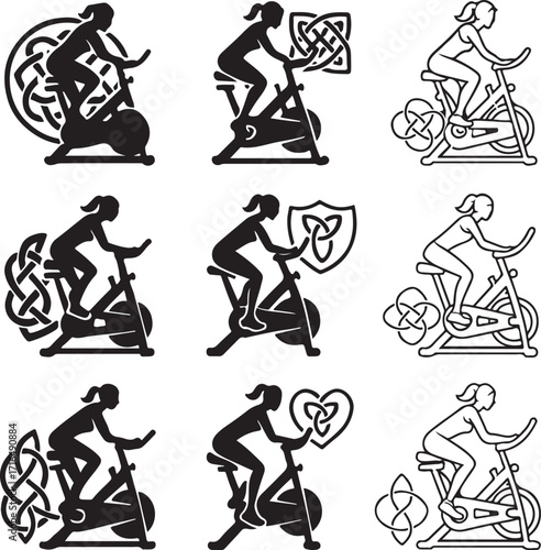 Woman Cycling Exercise Bike Silhouette with Celtic Knot Designs Keywords: woman, cycling, exercise bike