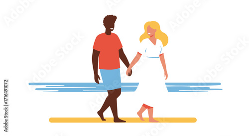Stylized vector illustration of a couple strolling hand in hand along the beach