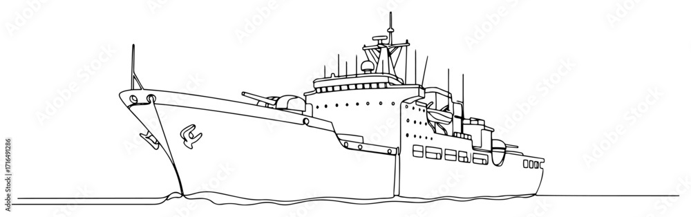 Obraz premium Military Naval Warship at Sea Line Art
