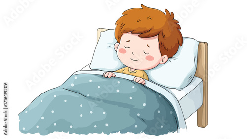 Adorable Cartoon Boy Sleeping Peacefully in Bed with Smiling Moon - Vector Illustration