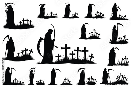 Grim Reaper Silhouettes with Gravestones and Scythes
