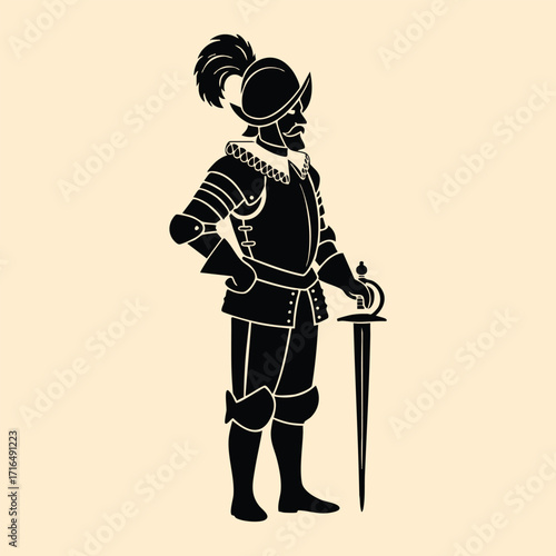 Silhouette of a medieval knight in full armor holding a sword with a feathered helmet plume standing confidently
