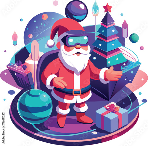 Santa wearing a VR headset, exploring a virtual Christmas world