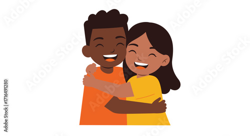Stylized illustration portraying joyful siblings sharing a warm embrace together