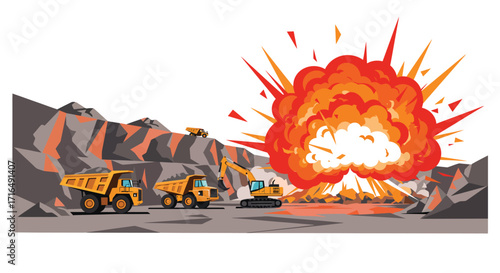 Stylized vector illustration of vibrant blasting operation at a quarry site