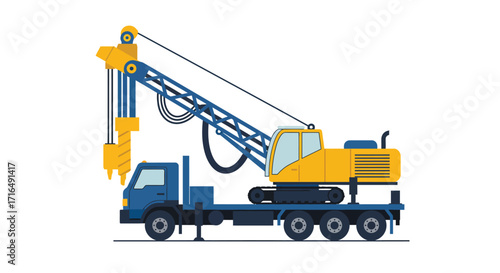 Stylized flat vector illustration of a vibrant drilling rig on a truck