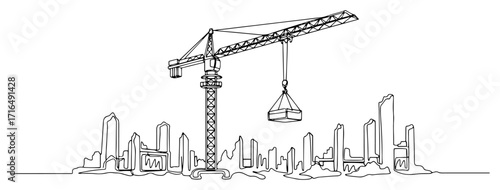 One Line Tower Crane Building City Skyline Vector Illustration