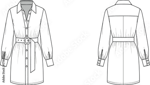 Fashion flat sketch vector illustration of long sleeve belted shirt dress with collar, button front, waist belt, cuffs, back yoke