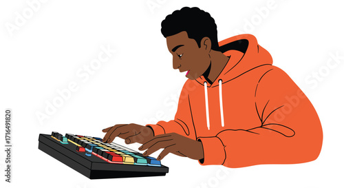 Concentrated coder typing on a vibrant mechanical keyboard in colorful style
