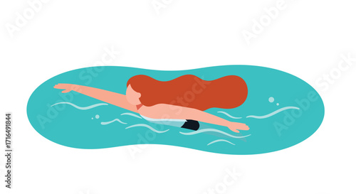 Flat vector illustration showcasing a woman swimming freestyle gracefully