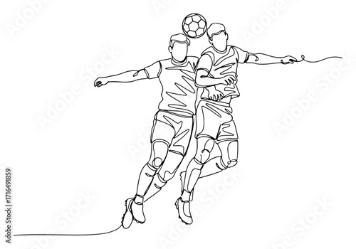One Line Soccer Players Heading Ball Duel Vector Illustration