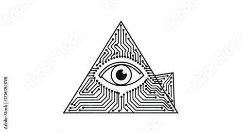 All-seeing eye within a digital circuit pyramid, symbolizing technology and surveillance.