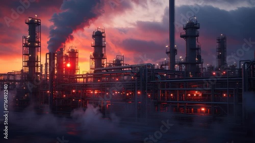 Moody petrochemical facility at sunset, emergency sirens creating deep red contrasts, mist rising, industrial steel pipes glowing, ultra-realistic cinematic lighting.