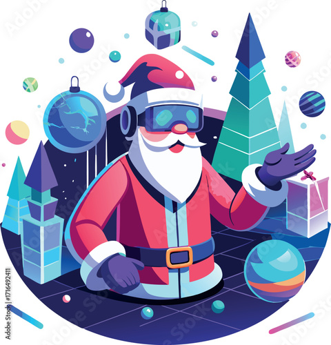 Santa wearing a VR headset, exploring a virtual Christmas world