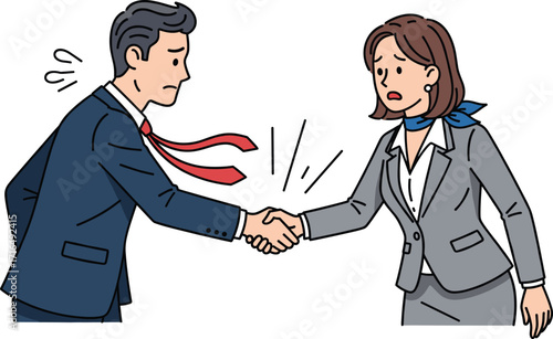 Business handshake, formal meeting, corporate agreement, professional negotiation, tense discussion, partnership deal, businesswoman, businessman, diplomacy,